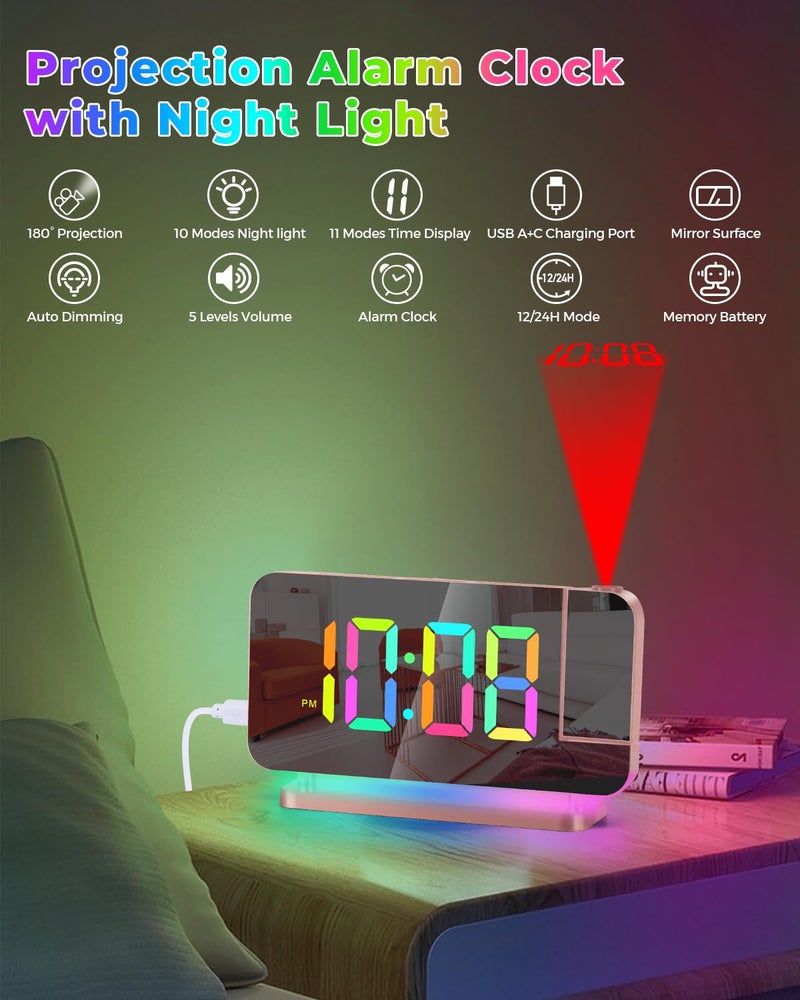 SZELAM Projection Alarm Clock 7.4 in LED Mirror Digital Clocks Projection on Ceiling Wall with RGB Night Light USB C Charging Port Auto Dimming Modern Desk Clock for Bedroom Decor - Rose Gold - Image 2